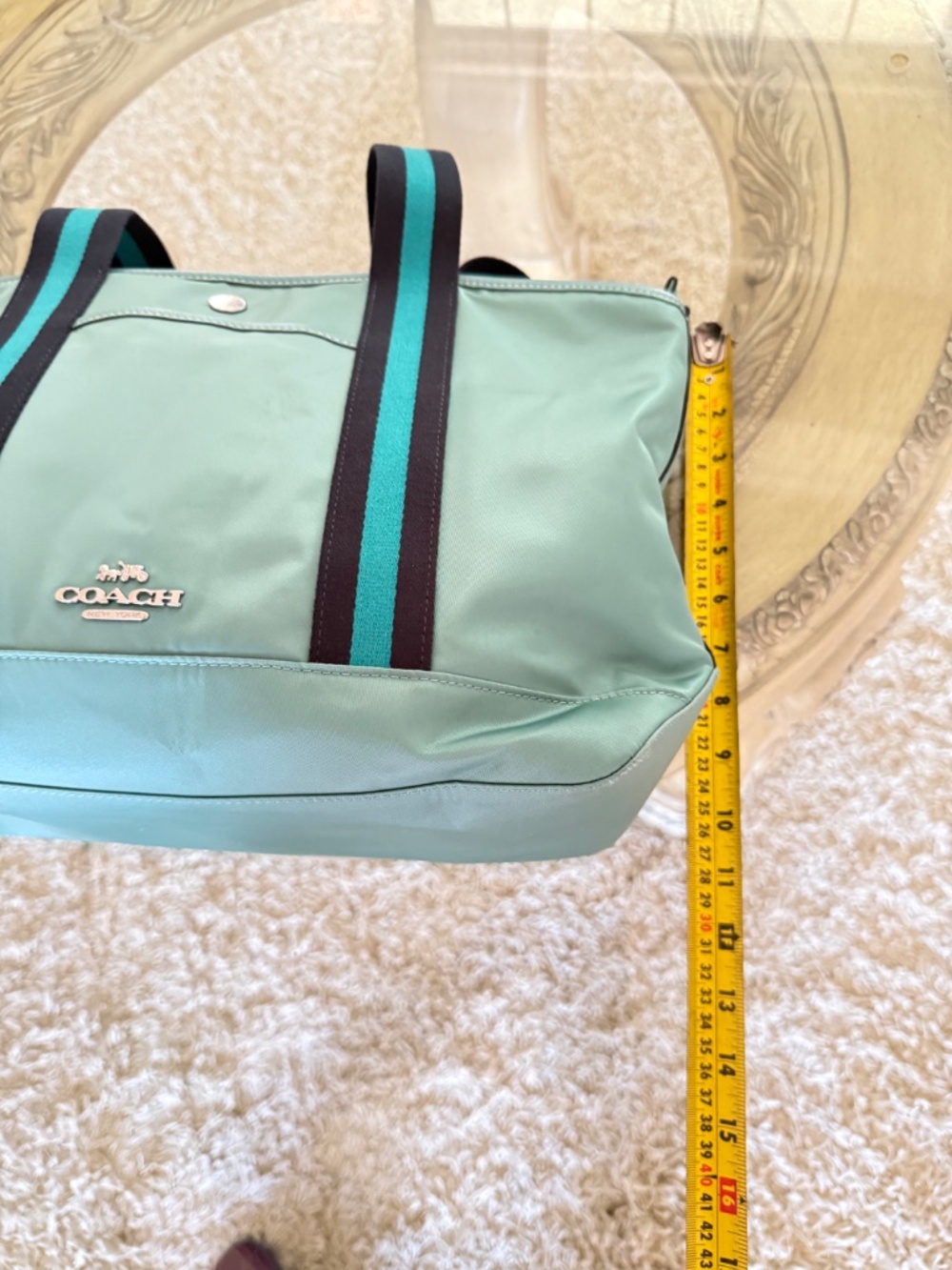 COACH CA208 Ellis Tote Bag Teal Nylon Medium Navy Cotton Straps Hang Tag - Picture 3 of 14